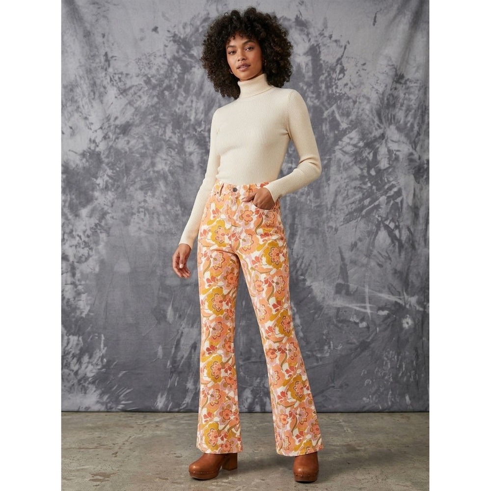 AFRM Floral Print High Rise Flare Jeans Orange Pink Retro 70s Boho Size 29